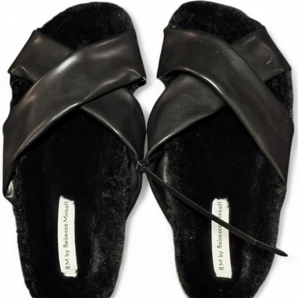 RM Rebecca Minkoff Black Super Soft Faux Fur Faux Leather Criss Cross Slides 7